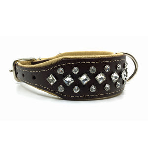 Wide chocolate and natural tan leather collar with white crystals from Style Hound-side view