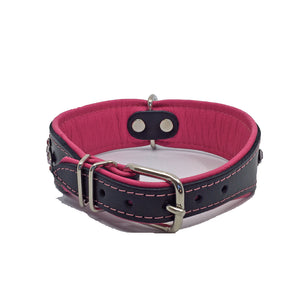 Wide black and pink padded leather collar with pink crystals from Style Hound-back view