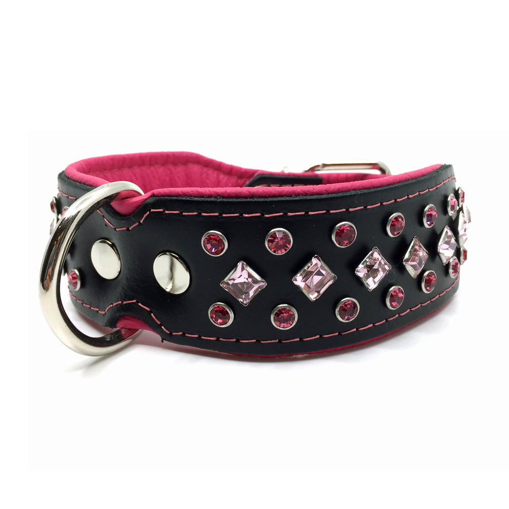 Wide black and pink padded leather collar with pink crystals from Style Hound-front view