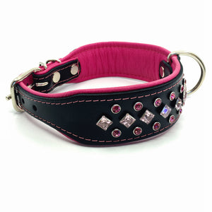 Wide black and pink padded leather collar with pink crystals from Style Hound-side 2 view