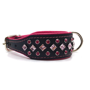 Wide black and pink padded leather collar with pink crystals from Style Hound-side view