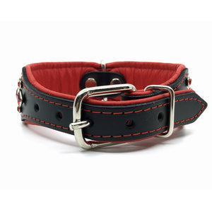 Wide black and red padded leather collar with red crystals from Style Hound-back view