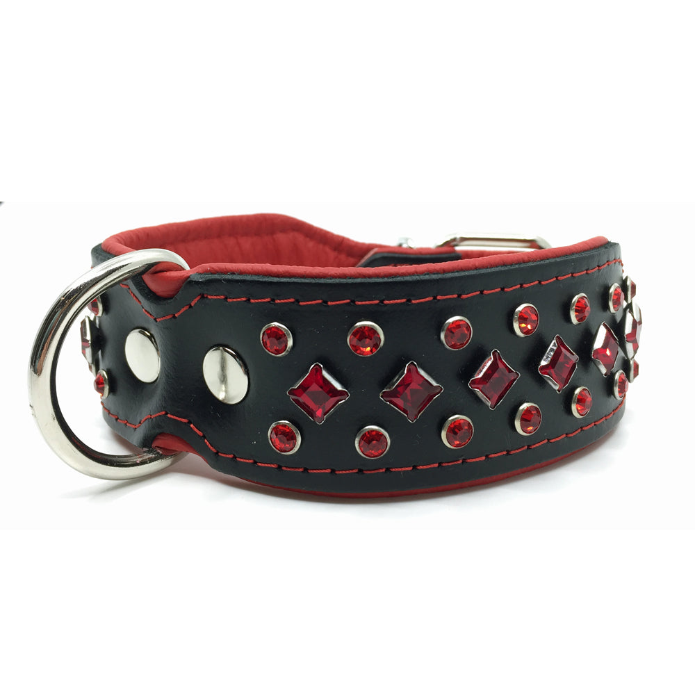 Wide black and red padded leather collar with red crystals from Style Hound-front view